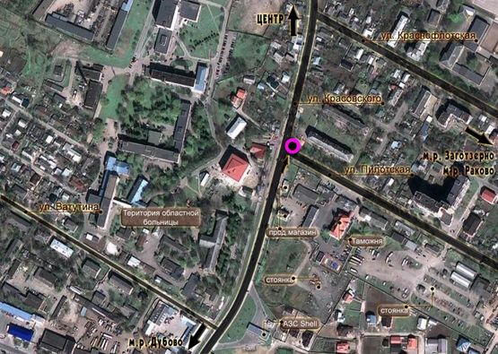 Схема рекламной плоскости по адресу перехрестя вул.Пілотська - вул.Красовського. неподалік: зупинки, обласна лікарня, міні ринок, декілька банків (в центр) [ліве вухо]