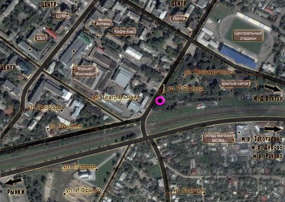 Схема рекламної площини за адресою перехрестя вул.І.Франка - вул.Пушкіна (парк). неподалік: З/Д переїзд, парк, центр міста (центр)