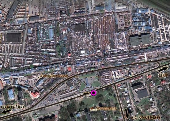 Схема рекламної площини за адресою Львівське шосе (заправка "ТНК"). неподалік: ринки (більше 60Га торгових площ) (в центр, ринок)