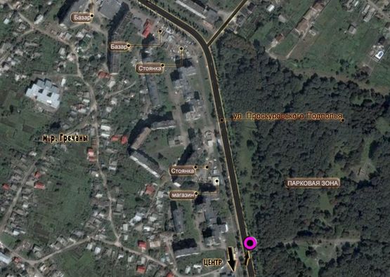 Схема рекламної площини за адресою вул.Проскурівського Підпілля (парк). неподалік: зона відпочинку, міні ринок, зупинки, приватна та багатоповерхова забудови (від центру)