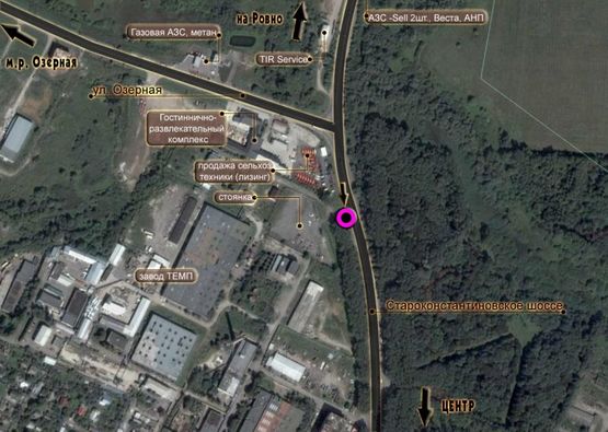 Схема рекламної площини за адресою Старокостянтинівське шосе (ТЦ "МійДім"). неподалік: АЗС "Укрнафта", "ВОГ" -2шт, "Веста", СТО ТIR, нова забудова "1-й парковий", "Дендропарковий", меблевий ТЦ "МійДім" (в'їзд в місто, в центр)