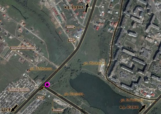 Схема рекламної площини за адресою перехрестя М.Рибалка - вул.Озерна. неподалік: АЗК "Укрнафта", цілодобова мийка, навколо елітна забудова м.р. "Отрадне", "Дивокрай", "Дихтярка", база будматеріалів (від центру)