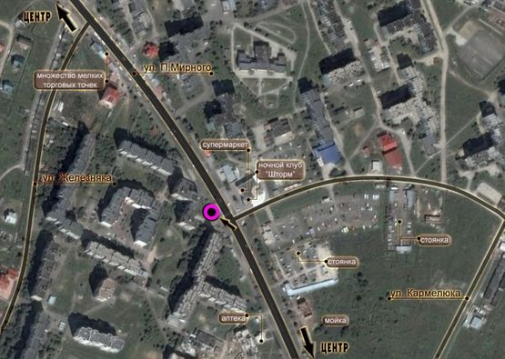 Схема рекламной плоскости по адресу вул.П.Мирного (СОЦ "Булдозер"). неподалік: СОЦ "Бульдозер", ТРК "Агора", багатоповерхова забудова- массова (від центру)