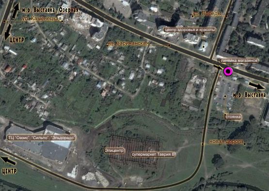 Схема рекламної площини за адресою перехрестя вул.Зарічанська - "нова дорога". неподалік: "Епіцентр", супермаркет "Таврія В", елітна забудова "Набережний квартал", багато дрібної комерції (центр)