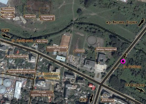 Схема рекламної площини за адресою вул.Свободи (зупинка). неподалік: банк "Ексим", палац творчості, елітна новобудова (центр)