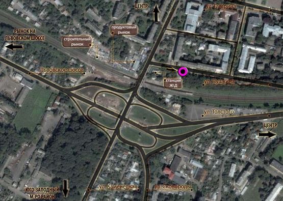 Схема рекламної площини за адресою вул.Пушкіна (СТО). неподалік: приміська З\Д станція, прод.ринок "Приміський", непрод.ринок, СТО, шиномонтаж, будівельні магазини (центр)