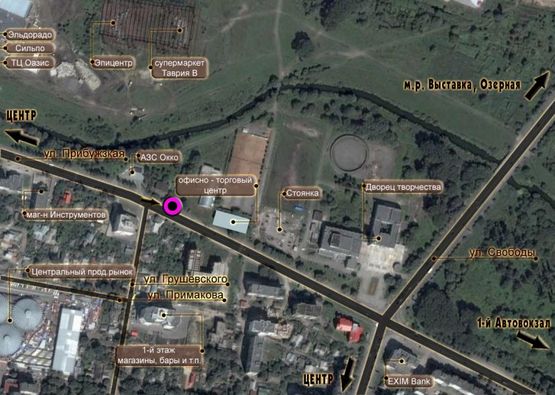 Схема рекламної площини за адресою перехрестя вул.Прибужзкая - вул.Грушевського. неподалік: "Епіцентр", супермаркет "Таврія В", "Сільпо", ТРЦ "Оазис", центральний ринок, елітна забудова "Набережний квартал", "Атлант" (центр)