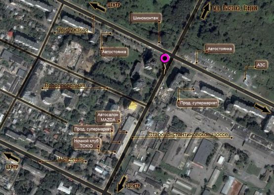 Схема рекламної площини за адресою перехрестя Старокостянтинівське шосе - вул.Прибузька (висотка). неподалік: автостоянка, шиномонтаж, АЗК, супермаркет "Вопак", непродовольчий ринок (від центру)