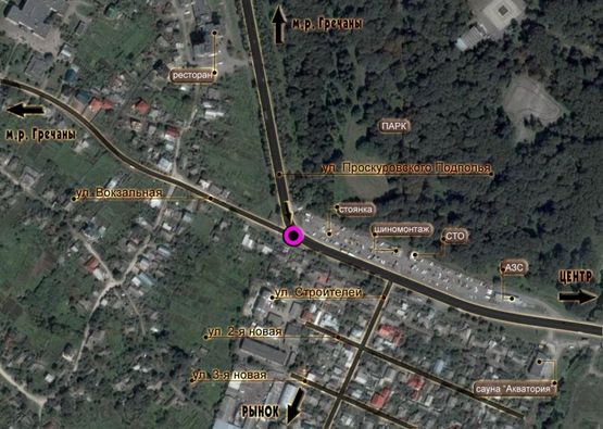 Схема рекламної площини за адресою Т-подібне перехрестя вул.Проскурівського підпілля - вул.Вокзальна. неподалік: велика автостоянка, парк, приватна забудова (в центр) [ліве вухо]