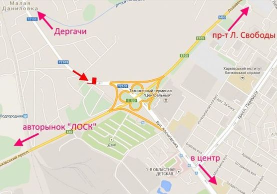 Схема рекламної площини за адресою Клочковская -развязка с окружной-5- въезд в Харьков  со ст. Дергачей