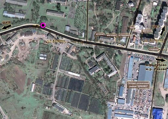 Схема рекламної площини за адресою вул.Купріна - вул.Раскової (зупинка). неподалік: міське ДАІ, зупинка, автосалон ваз, продовольчий оптовий ринок "ДУБОВО" (в центр)