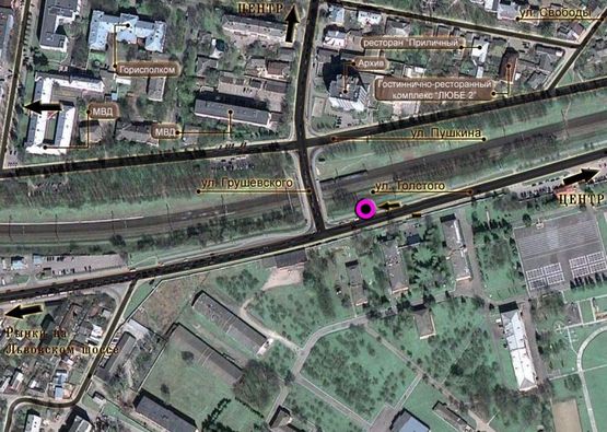 Схема рекламной плоскости по адресу вул.Толстого - вул.Грушевського (зі сторони КПП). неподалік: велика стоянка (в центр, на ринки)