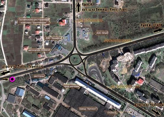 Схема рекламної площини за адресою Львівське шосе (150м. до круга). неподалік: автосалон "Хонда", АЗС "Шелл", "УкрНафта", елітна приватна забудова (в'їзд в місто, в центр)