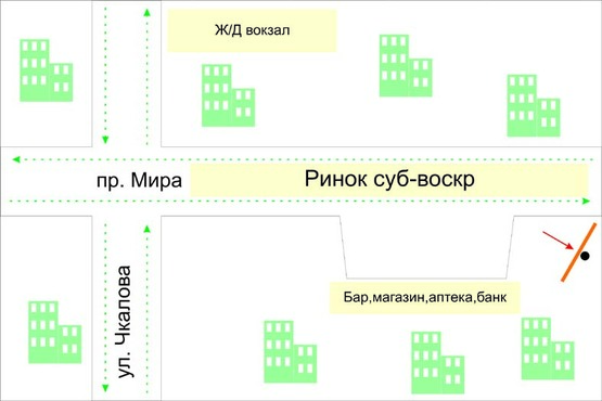 Схема рекламной плоскости по адресу проспект Миру, 48 (аптека). неподалік: аптека, магазини, ринок (центр)