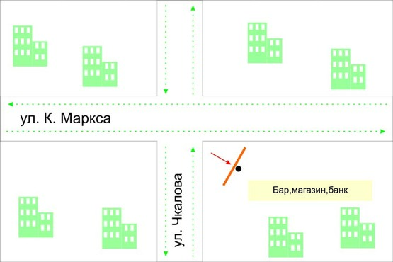 Схема рекламной плоскости по адресу перехрестя вул.Героїв Небесної Сотні - вул.Чкалова. неподалік: магазини, мафи і т.і. (центр)