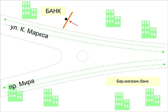 Схема рекламной плоскости по адресу круг вул.Героїв Небесної Сотні - вул.Судилківська - вул.В.Котика. неподалік: центральна розв'язка, ринок, магазини, мафи, супермаркет (центр)