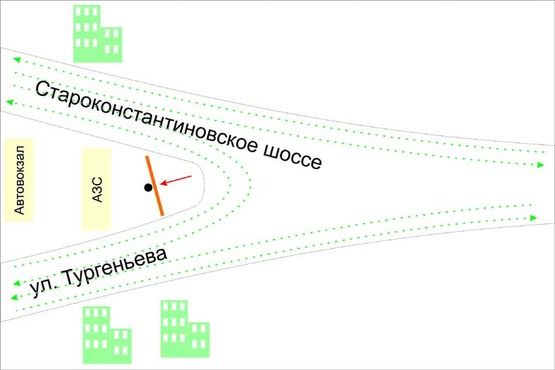 Схема рекламної площини за адресою Старокостянтинівське шосе. неподалік:  (в'їзд в місто, в центр)