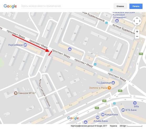 Схема рекламної площини за адресою Миру пр., 7/Чупринки Григорія, вул., 6 100м до Ленінградської пл.