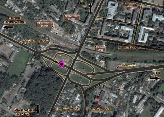 Схема рекламной плоскости по адресу розв'язка вул.Кам'янецька - вул.Толстого (зі сторони ринків) (в центр) "A"