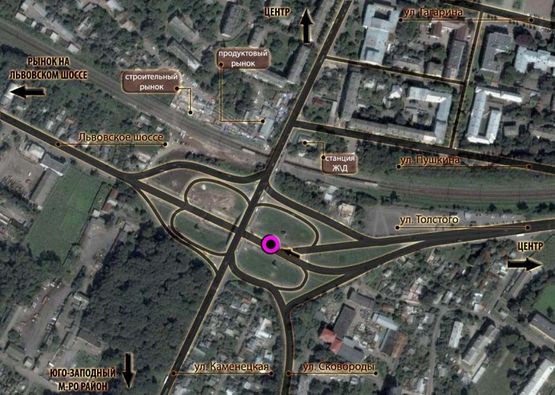 Схема рекламной плоскости по адресу розв'язка вул.Кам'янецька - вул.Толстого (зі сторони нового мосту) (від центру, на ринки) "A"