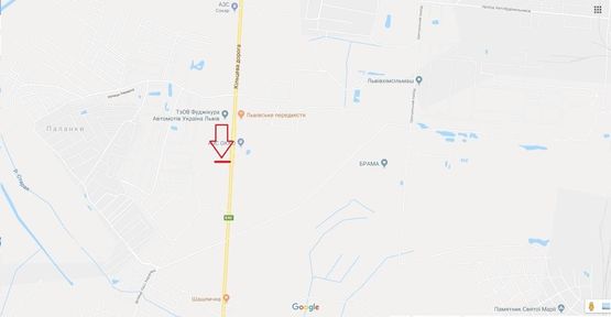 Схема рекламної площини за адресою М-10 Західний обхід м. Львова, навпроти Fujikra та АЗС ОККО рух в напрямку с. Рудно та м. Львів (правий)