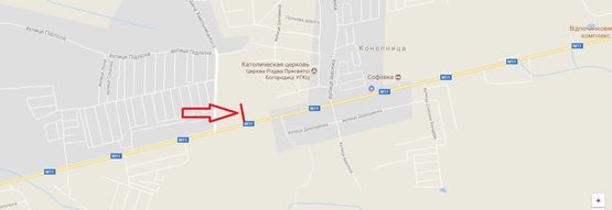 Схема рекламной плоскости по адресу М-11 Львів Шегині, км 13+500, праворуч (с Конопниця, Зелендекор, ГК Софіївка)