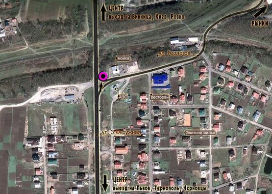 Схема рекламної площини за адресою перехрестя вул.З.Окружна - вул.Геологов. неподалік: основний заїзд на ринки, СТО, мийка, шиномонтаж, АЗС, Газова АЗС, елітна забудова (від центру, на ринки)