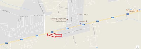 Схема рекламної площини за адресою М-11 Львів Шегині, км 13+635, ліворуч (с Конопниця, Зелендекор, ГК Софіївка)