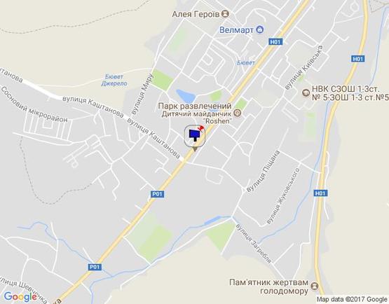 Схема рекламной плоскости по адресу м. Обухів, перетин вул.Київська-Каштанова, на зупинці; на світлофорі; 200 м. до супермаркету "Фуршет"