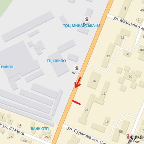 Схема рекламной плоскости по адресу вул.Минайська21 (навпроти Сільпо), напр.-вул.Грушевського