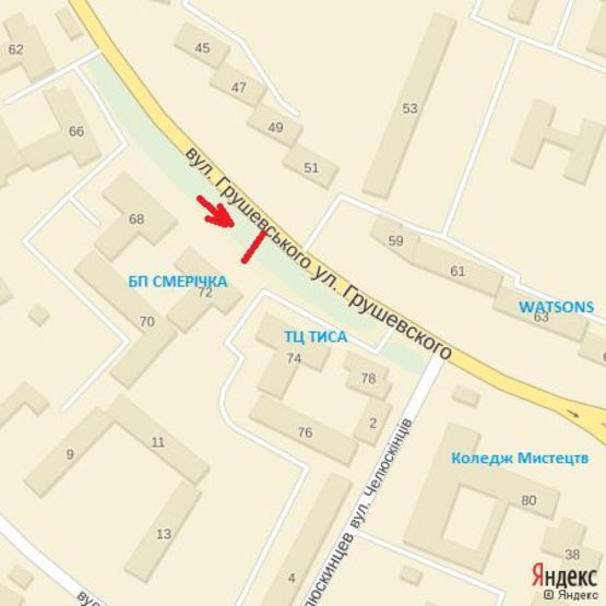 Схема рекламной плоскости по адресу вул.Грушевського (Смерічка), напрям - вул.Минайська