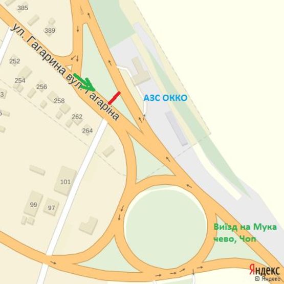 Схема рекламной плоскости по адресу вул.Гагаріна, трансп.кільце, АЗС ОККО, виїзд на  м.Мукачево, напрям.-с.Барвінок,с.Баранинці