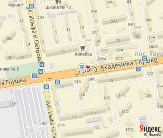 Схема рекламної площини за адресою Глушка пр., 26  - 150 м. до  Ильфа и Петрова ул.