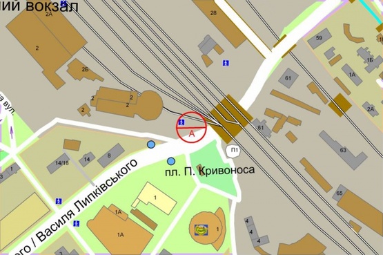 Схема рекламної площини за адресою Василия Липковского ул. (Урицкого) /  Николая Осровского ул. (Максима Кривоноса площадь), возле ж/д моста (левый)