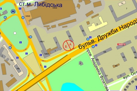 Схема рекламної площини за адресою Дружбы Народов бульвар, 3 (выезд на Лыбедс.пл.)