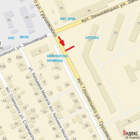 Схема рекламной плоскости по адресу вул.Грушевського,27, поблизу з перехрестям з вул.Заньковецька, напр.Минайська