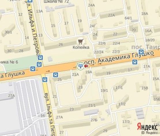 Схема рекламної площини за адресою Глушка пр., 21  - 150 м. до Ильфа и Петрова ул.