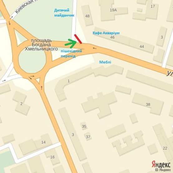 Схема рекламной плоскости по адресу вул.Л.Толстого,46 (магазини,ресторани, дит.майданчик, пішохідний пер, напр.-пл.Ш.Петефі