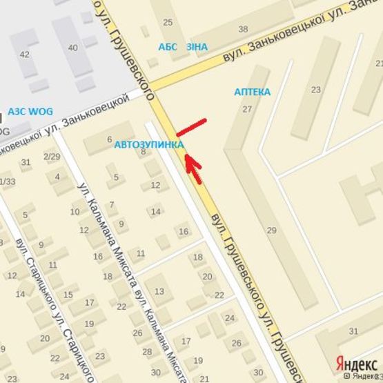Схема рекламної площини за адресою вул.Грушевського,27, поблизу з перехрестям з вул.Заньковецька, напр.Заньковец