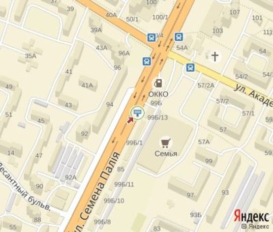 Схема рекламної площини за адресою Палия, 93 а ("Сильпо", АЗС "ОККО") - 150 м. к ул. Заболотного