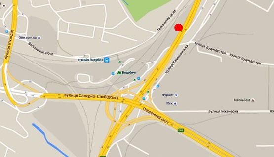 Схема рекламной плоскости по адресу Надднепрянское шоссе 200м. от Железнодорожного шоссе, перед Южным мостом, левая сторона