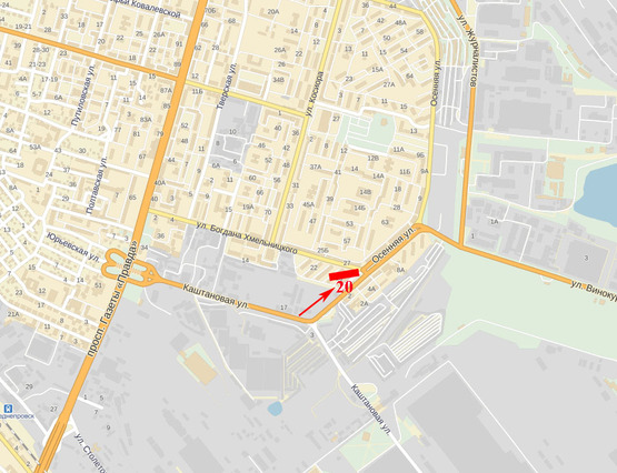 Схема рекламної площини за адресою вул. Осіння - вул. Богдана Хмельницького, на повороті на вул. Осінню