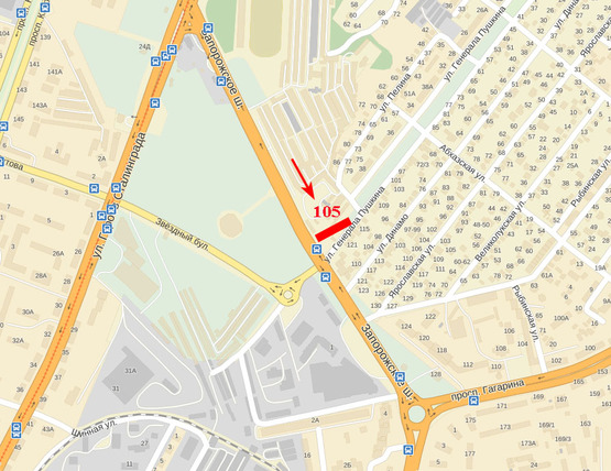 Схема рекламной плоскости по адресу Запорізьке шосе - вул. Генерала Пушкіна, підстанція, ТЦ Дафі