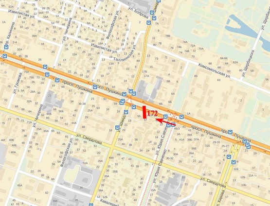 Схема рекламної площини за адресою пр-т Пушкіна, 55, навпроти Приватбанка