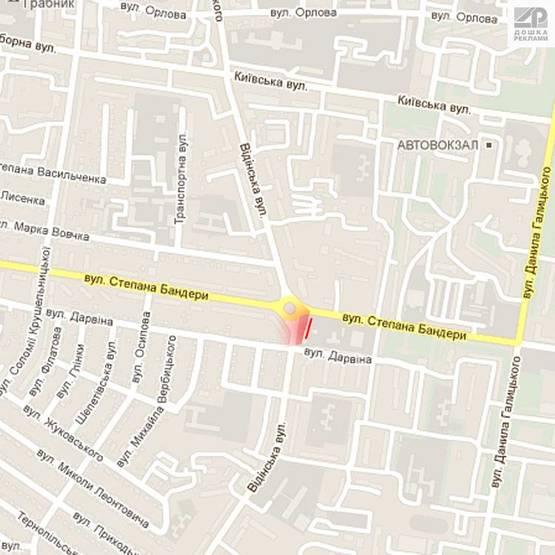 Схема рекламной плоскости по адресу м. Рівне, вул. вул. Ст. Бандери, в районі перехрестя з вул. Відінською