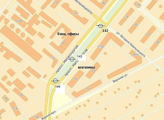 Схема рекламної площини за адресою пр.Металургів -д23.25, (средній), напрямок руху до пр.Соборного