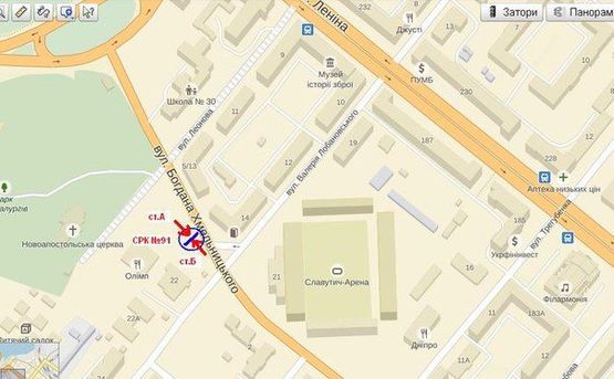 Схема рекламної площини за адресою вул.Б. Хмельницького  - вул.Лобановського, район стадіона, ст.А