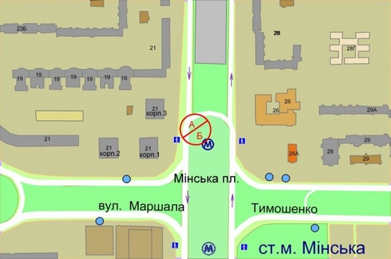 Схема рекламной плоскости по адресу Оболонский пр. / Маршала Тимошенко, разделит. клумба  по ходу к Петровке, (М) "Минская"