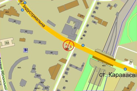 Схема рекламної площини за адресою Вадима Гетьмана (Индустриальная) ул. / Полевая ул. 49 ("Караваевы Дачи")