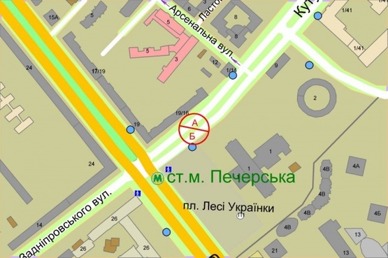Схема рекламной плоскости по адресу Генерала Алмазова (Кутузова), 16/19 (розподілювач) рух від площі Лесі Українки